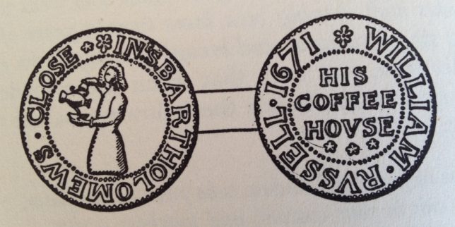 Coffeehouse token from the Beaufoy Collection at the Guildhall Museum, drawing by Gordon Ellis 